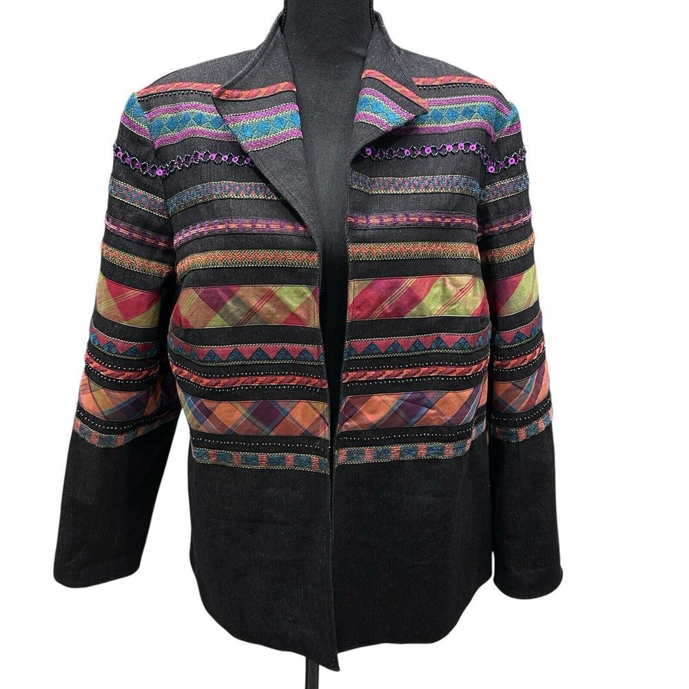 Coldwater Creek‎ Jacket Women 18 Black Denim Artsy Ribbon Embellished Western